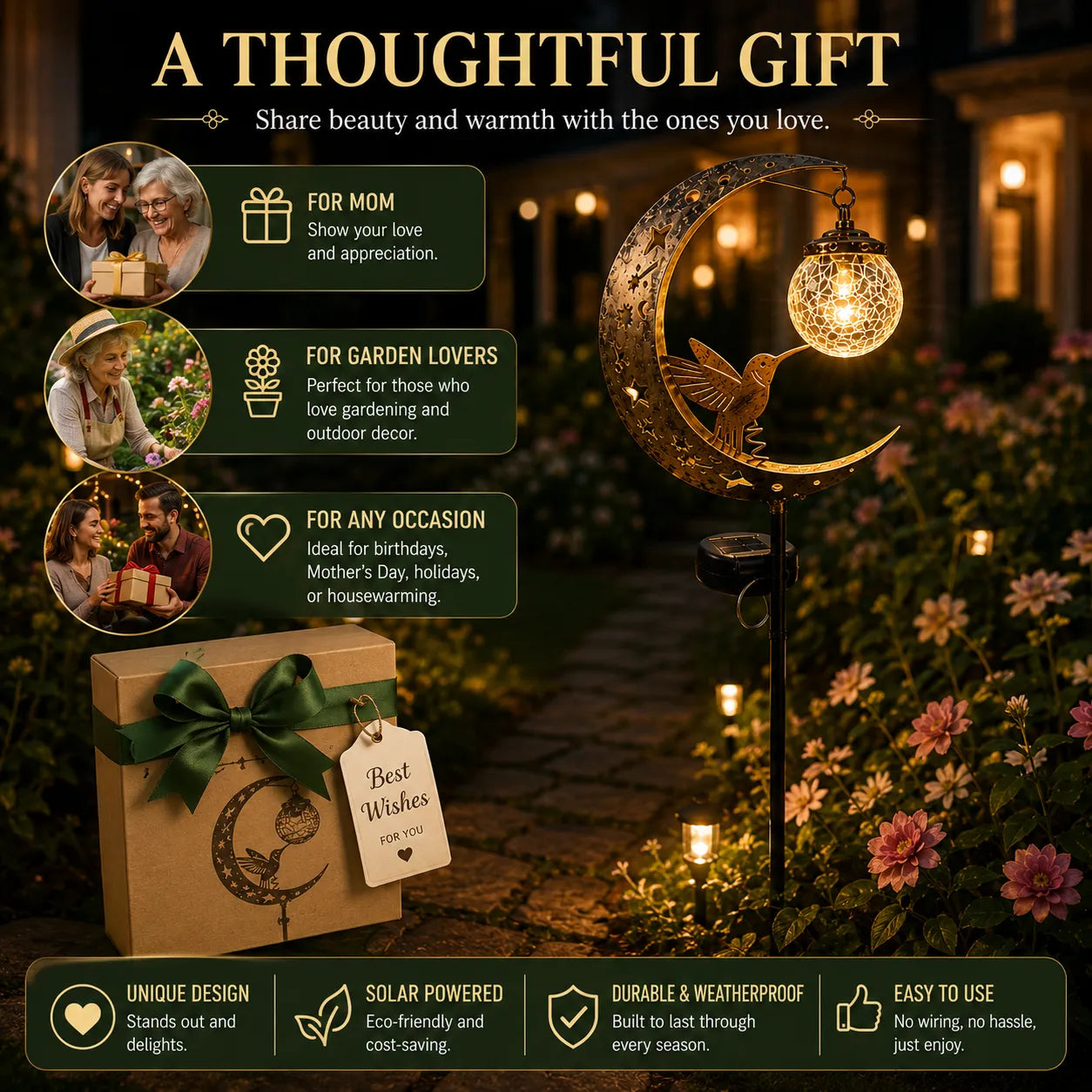 ✨ A Beautiful Gift That Glows at Night – 🌙Moon & Hummingbird Solar Garden💖 Stake Light for Garden, Patio & Yard Decor