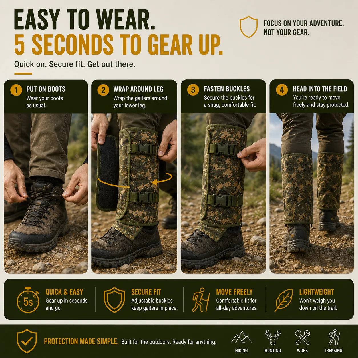 Protective Snake Guard Gaiters – Reinforced Lower-Leg Safety for Hiking, Hunting, Camping & Outdoor Work, Adjustable Over Boots – 4 Durable Colors