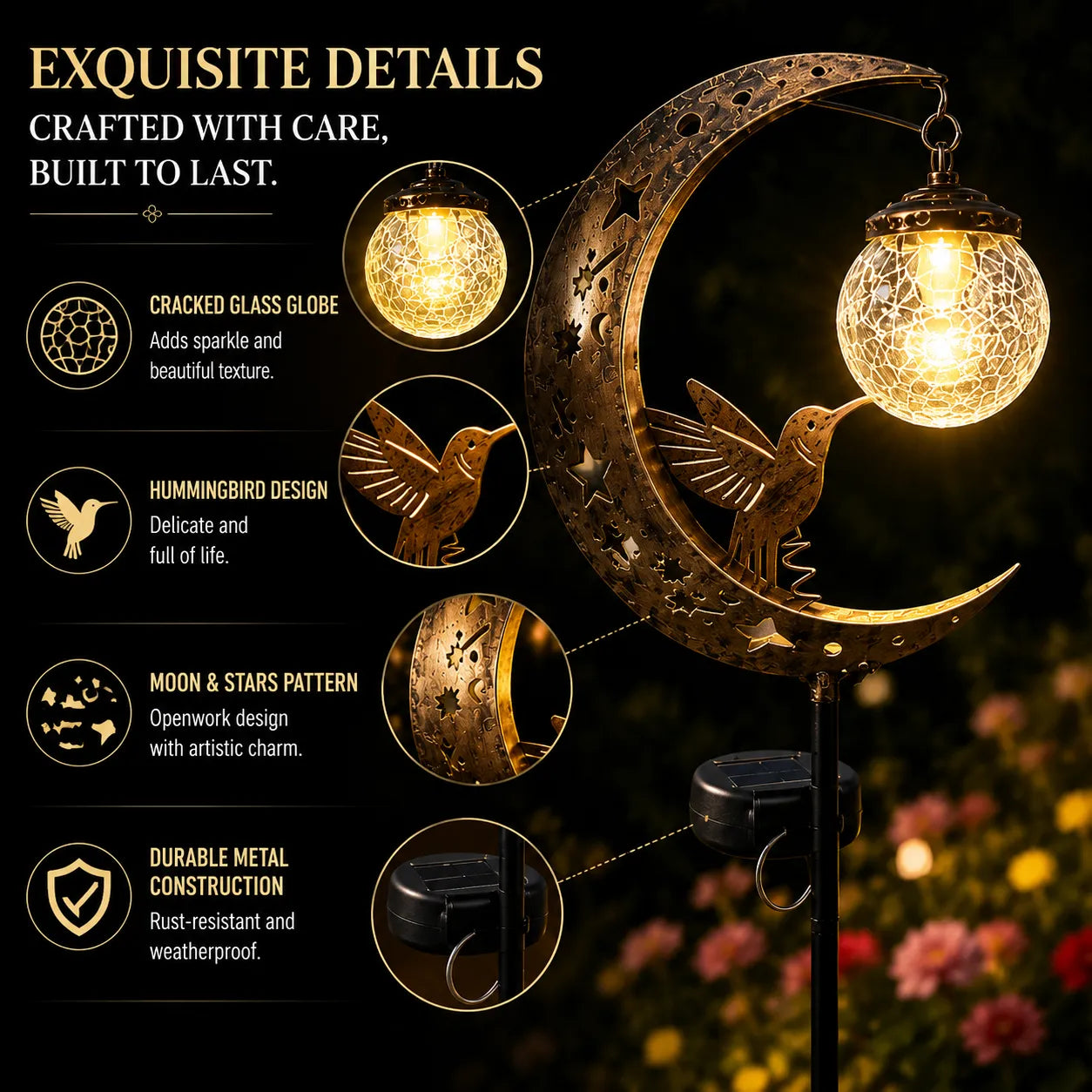 ✨ A Beautiful Gift That Glows at Night – 🌙Moon & Hummingbird Solar Garden💖 Stake Light for Garden, Patio & Yard Decor