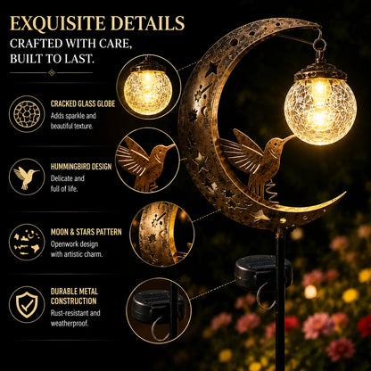 ✨ A Beautiful Gift That Glows at Night – 🌙Moon & Hummingbird Solar Garden💖 Stake Light for Garden, Patio & Yard Decor