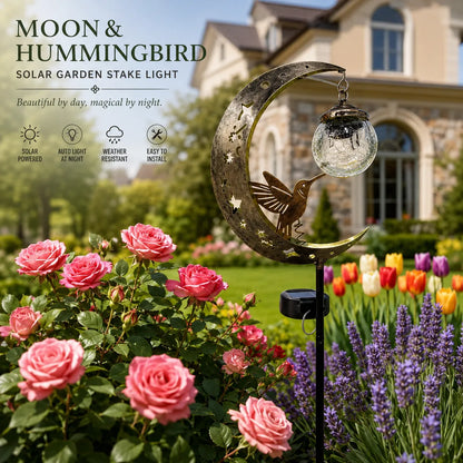 ✨ A Beautiful Gift That Glows at Night – 🌙Moon & Hummingbird Solar Garden💖 Stake Light for Garden, Patio & Yard Decor