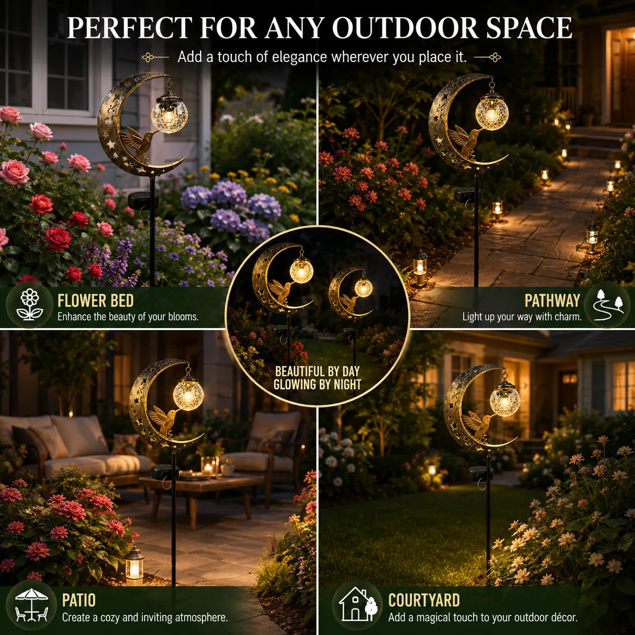✨ A Beautiful Gift That Glows at Night – 🌙Moon & Hummingbird Solar Garden💖 Stake Light for Garden, Patio & Yard Decor