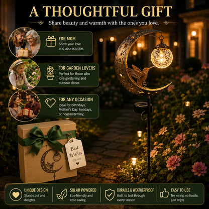 ✨ A Beautiful Gift That Glows at Night – 🌙Moon & Hummingbird Solar Garden💖 Stake Light for Garden, Patio & Yard Decor
