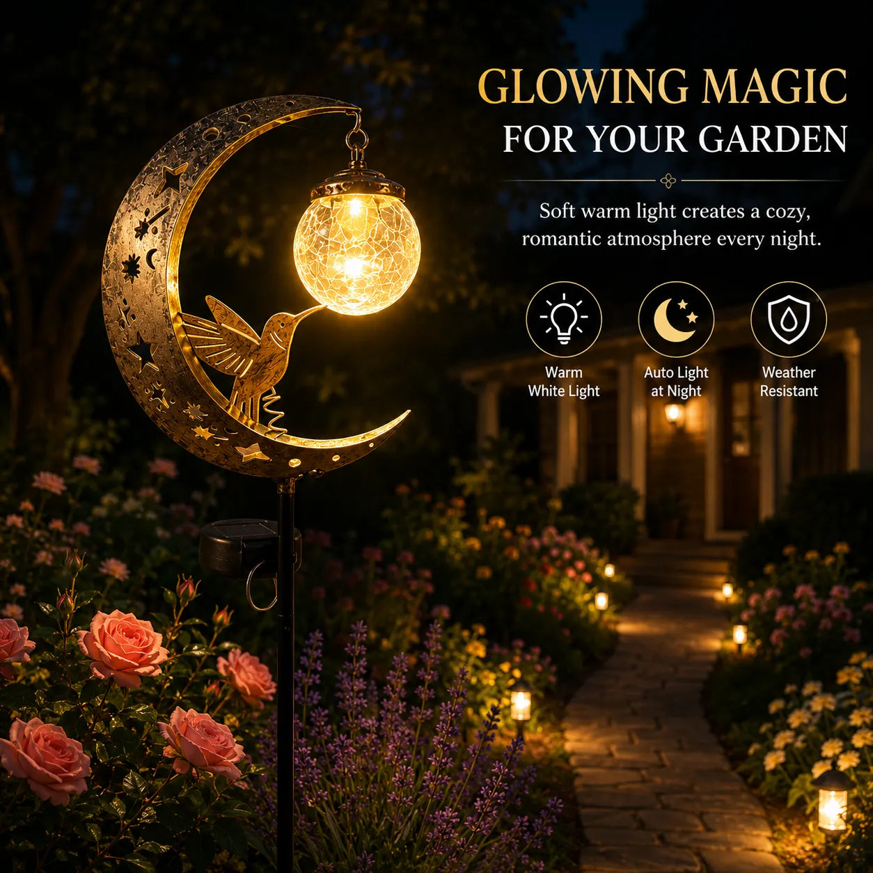 ✨ A Beautiful Gift That Glows at Night – 🌙Moon & Hummingbird Solar Garden💖 Stake Light for Garden, Patio & Yard Decor