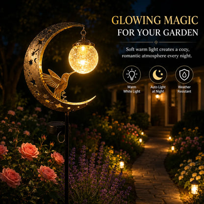✨ A Beautiful Gift That Glows at Night – 🌙Moon & Hummingbird Solar Garden💖 Stake Light for Garden, Patio & Yard Decor