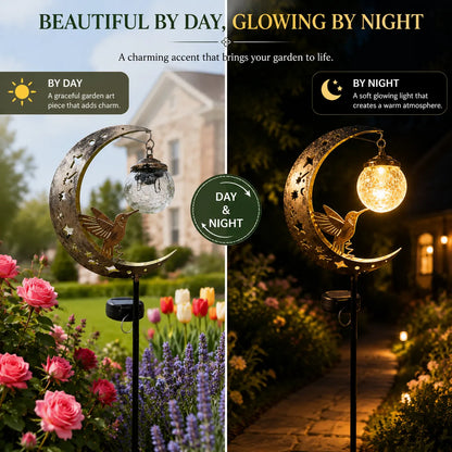 ✨ A Beautiful Gift That Glows at Night – 🌙Moon & Hummingbird Solar Garden💖 Stake Light for Garden, Patio & Yard Decor