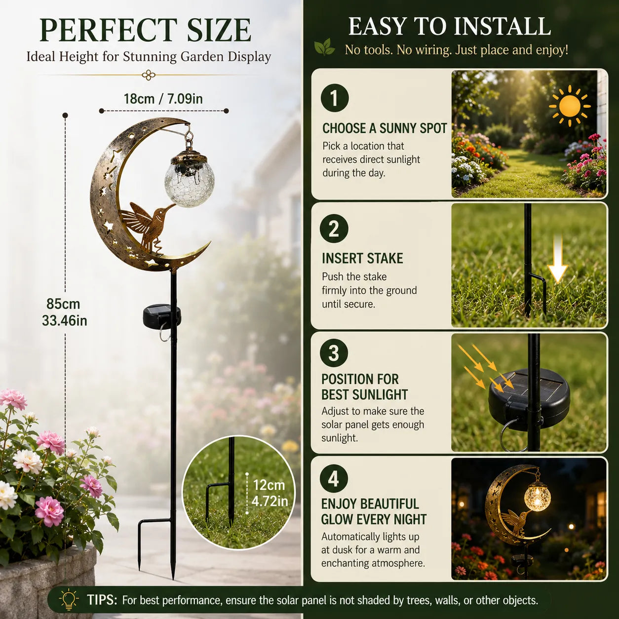 ✨ A Beautiful Gift That Glows at Night – 🌙Moon & Hummingbird Solar Garden💖 Stake Light for Garden, Patio & Yard Decor