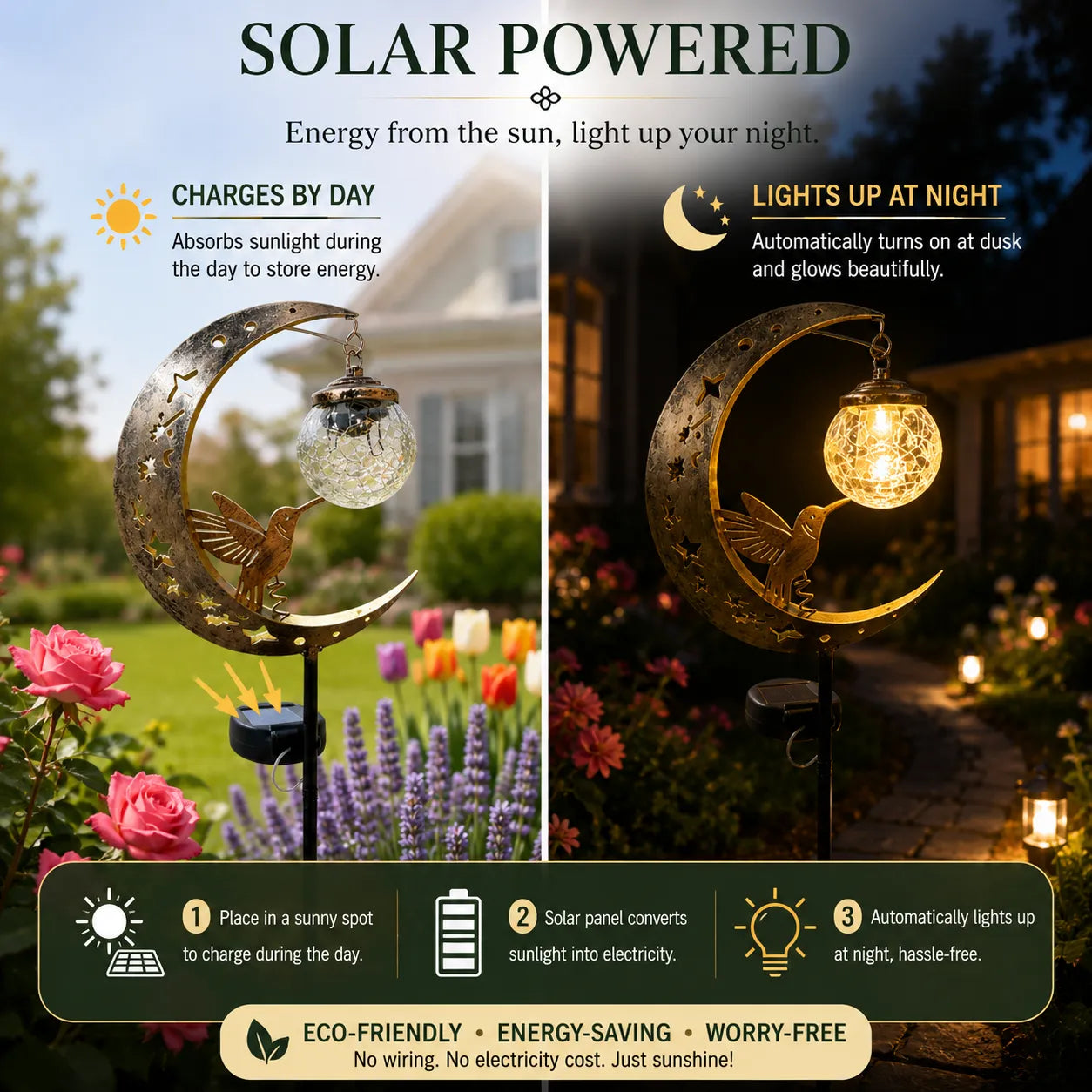 ✨ A Beautiful Gift That Glows at Night – 🌙Moon & Hummingbird Solar Garden💖 Stake Light for Garden, Patio & Yard Decor