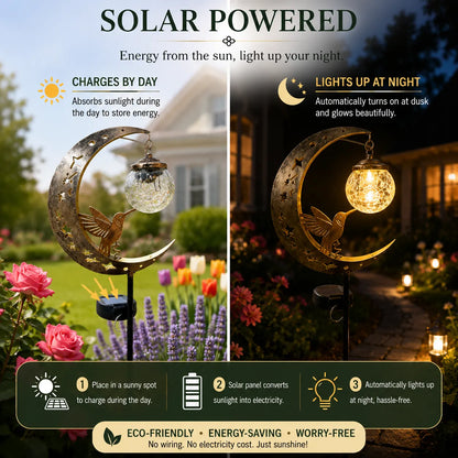 ✨ A Beautiful Gift That Glows at Night – 🌙Moon & Hummingbird Solar Garden💖 Stake Light for Garden, Patio & Yard Decor