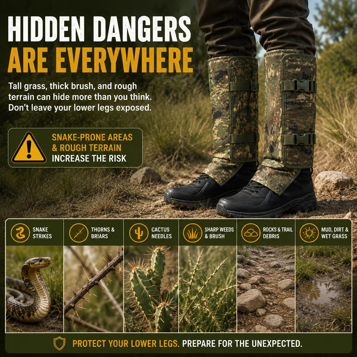 Protective Snake Guard Gaiters – Reinforced Lower-Leg Safety for Hiking, Hunting, Camping & Outdoor Work, Adjustable Over Boots – 4 Durable Colors