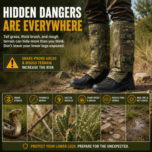 Protective Snake Guard Gaiters – Reinforced Lower-Leg Safety for Hiking, Hunting, Camping & Outdoor Work, Adjustable Over Boots – 4 Durable Colors