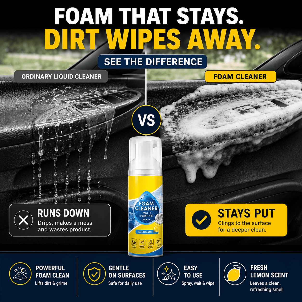 🔥 Last Day 50% OFF — Stop Chasing Drippy Sprays & Watch This Stay-Put Foam Lift Grime From Your Car, Home, Office & RV In One Easy Wipe