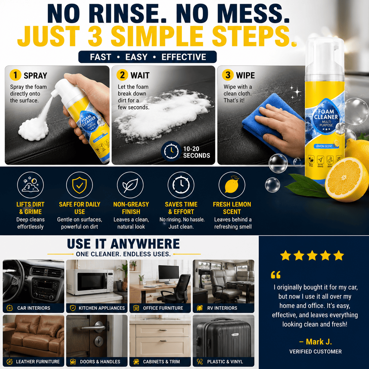🔥 Last Day 50% OFF — Stop Chasing Drippy Sprays & Watch This Stay-Put Foam Lift Grime From Your Car, Home, Office & RV In One Easy Wipe