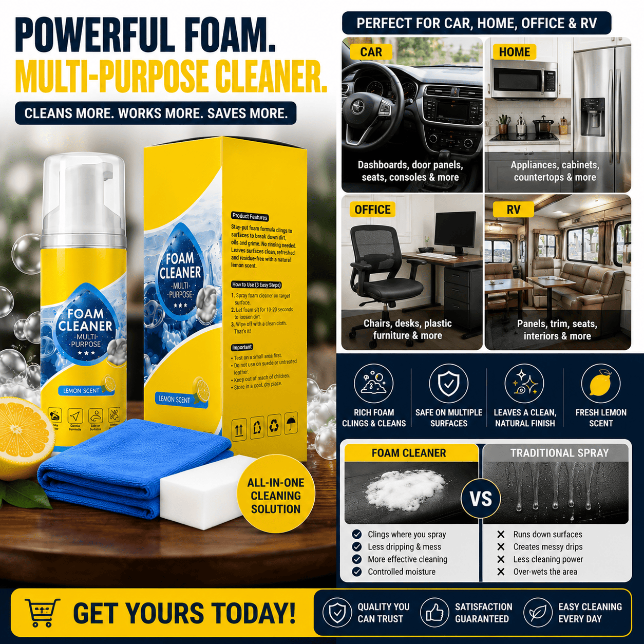 🔥 Last Day 50% OFF — Stop Chasing Drippy Sprays & Watch This Stay-Put Foam Lift Grime From Your Car, Home, Office & RV In One Easy Wipe